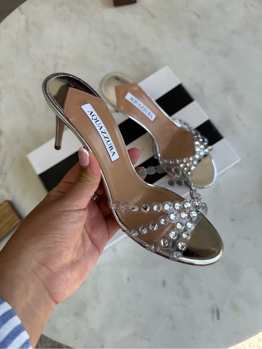 Aquazzura Mule Tequila 75 Silver Crystal-Embellished Slide Heels